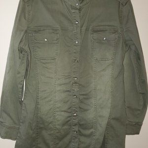 Forest green button down denim material tunic shirt, long sleeve, size small
